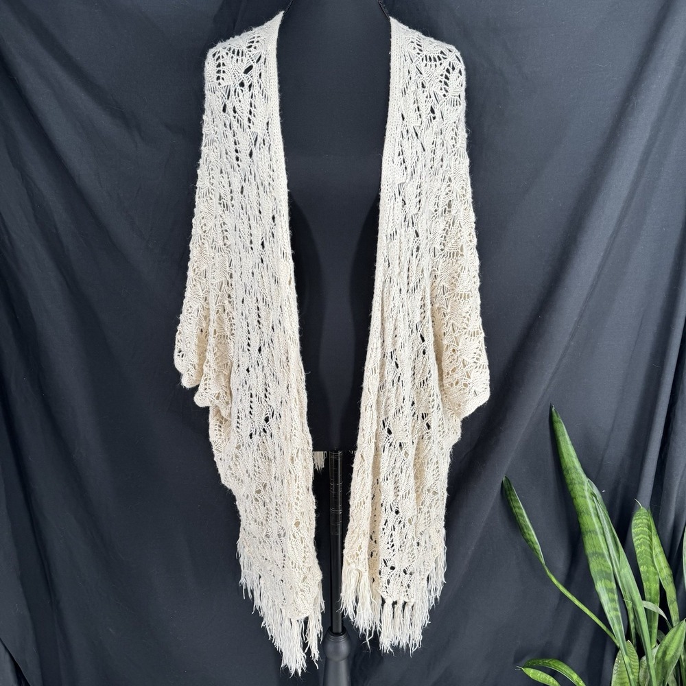 Coastal Cowgirl Boho Crochet Shawl M Oversized Fringe Cream Layering Open Knit - Picture 2 of 6